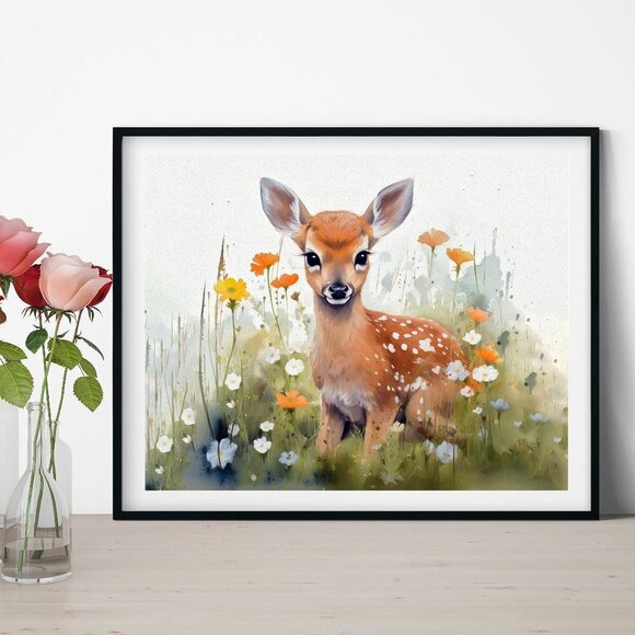 NobleCaptures Other - Cute Baby Fawn Deer with Flowers Watercolor Oil‎ Painting Print